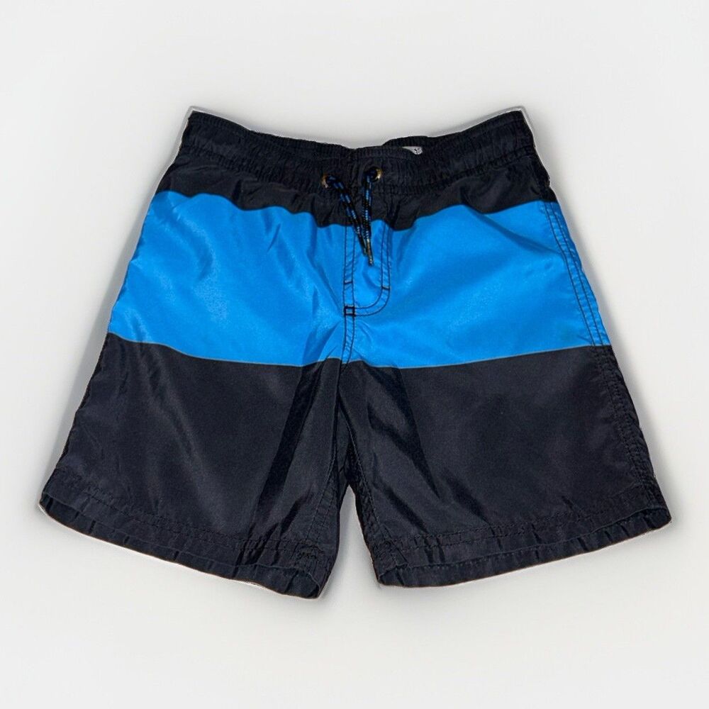 Boys S 6-7 Black Blue Colorblock Stripe Swim Trunks Board Shorts Beach Old Navy